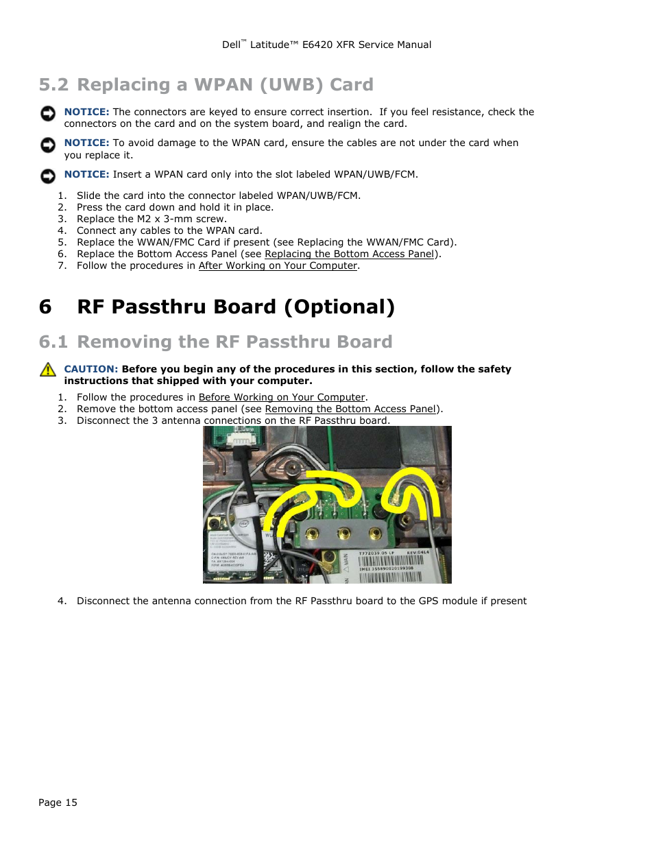2 replacing a wpan (uwb) card, 6 rf passthru board (optional), 1 removing the rf passthru board | Eplacing a, Wpan, Uwb), Rf passthru board (optional), Emoving the, Assthru, Oard | Dell Latitude E6420 XFR (Early 2011) User Manual | Page 15 / 81
