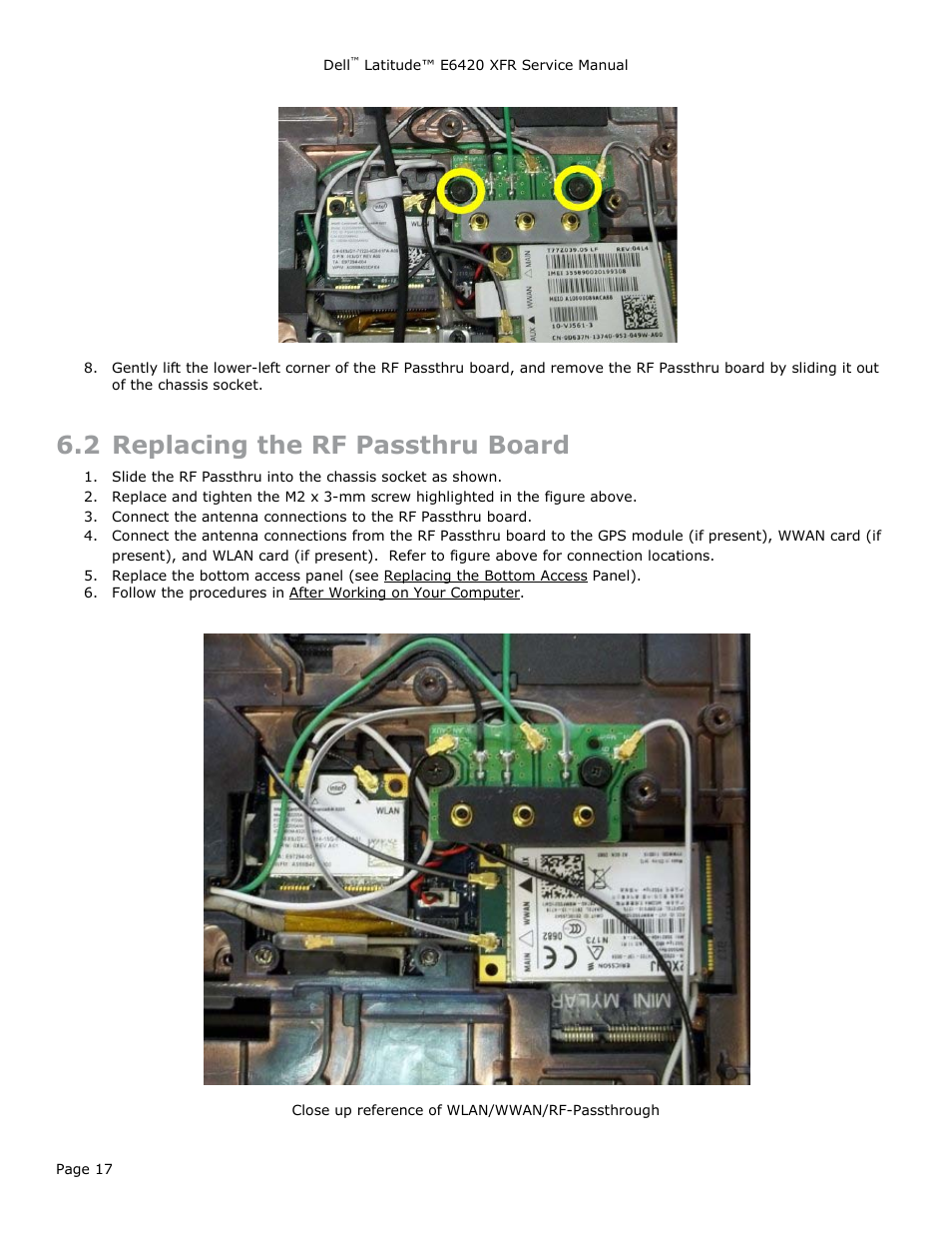 2 replacing the rf passthru board, Eplacing the, Assthru | Oard | Dell Latitude E6420 XFR (Early 2011) User Manual | Page 17 / 81