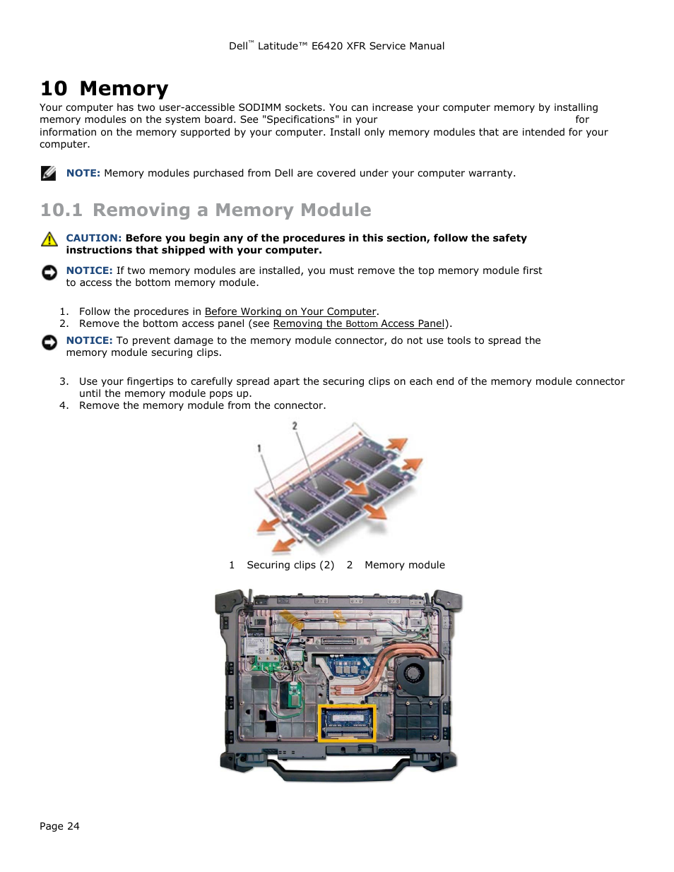 10 memory, 1 removing a memory module, Memory | Emoving a, Emory, Odule | Dell Latitude E6420 XFR (Early 2011) User Manual | Page 24 / 81