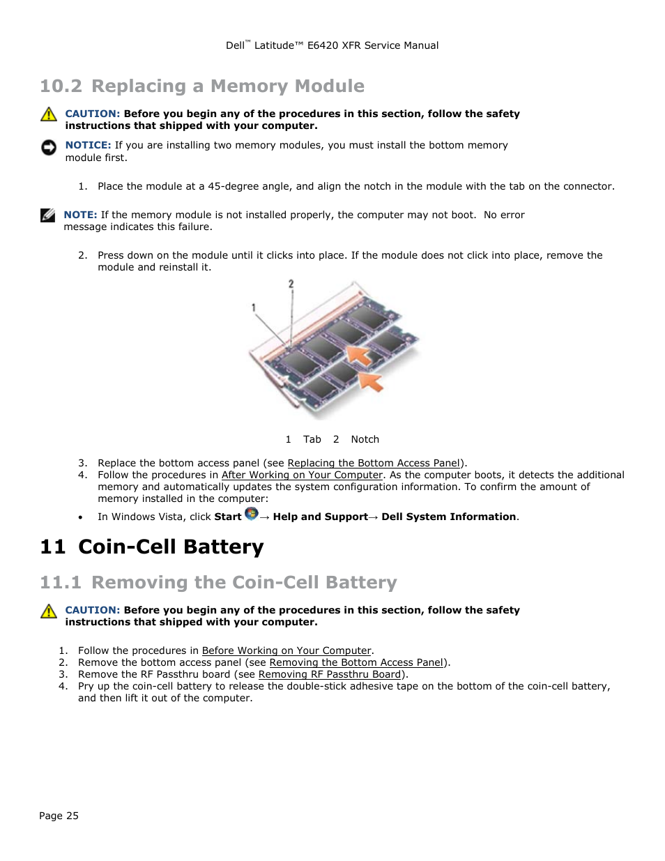 2 replacing a memory module, 11 coin-cell battery, 1 removing the coin-cell battery | Eplacing a, Emory, Odule, Coin-cell battery, Emoving the, Attery | Dell Latitude E6420 XFR (Early 2011) User Manual | Page 25 / 81