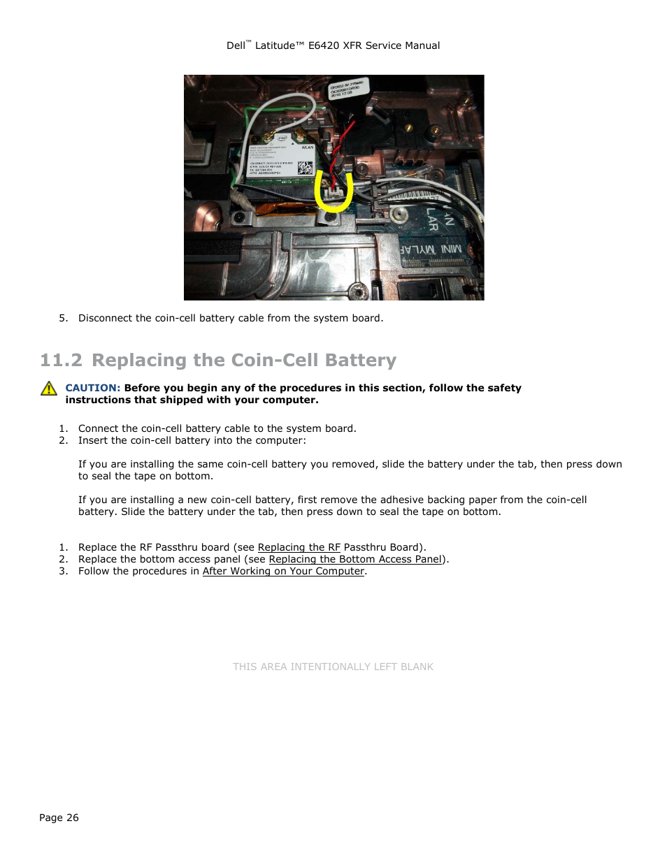 2 replacing the coin-cell battery, Eplacing the, Attery | Dell Latitude E6420 XFR (Early 2011) User Manual | Page 26 / 81