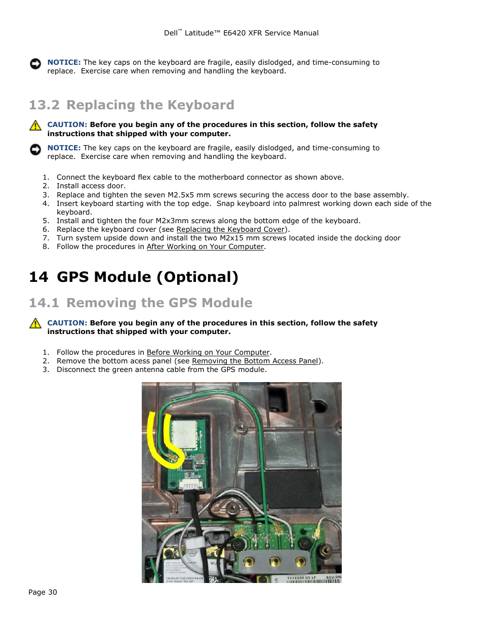 2 replacing the keyboard, 14 gps module (optional), 1 removing the gps module | Eplacing the, Eyboard, Gps module (optional), Emoving the, Odule | Dell Latitude E6420 XFR (Early 2011) User Manual | Page 30 / 81