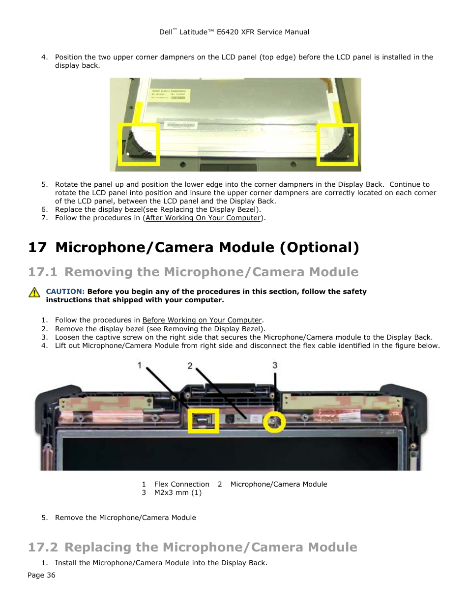 17 microphone/camera module (optional), 1 removing the microphone/camera module, 2 replacing the microphone/camera module | Microphone/camera module (optional), Emoving the, Icrophone, Amera, Odule, Eplacing the | Dell Latitude E6420 XFR (Early 2011) User Manual | Page 36 / 81