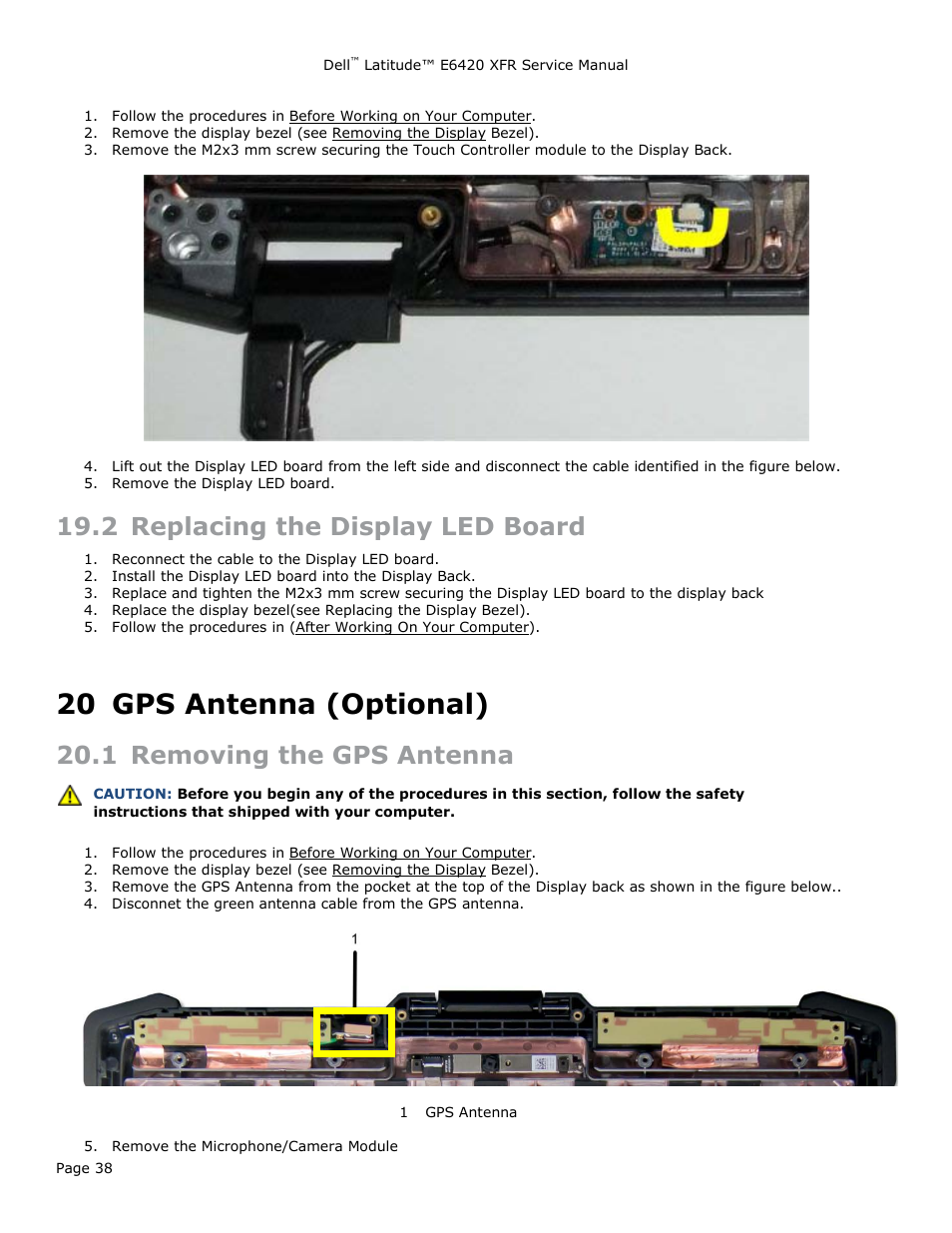 2 replacing the display led board, 20 gps antenna (optional), 1 removing the gps antenna | Eplacing the, Isplay, Oard, Gps antenna (optional), Emoving the, Ntenna | Dell Latitude E6420 XFR (Early 2011) User Manual | Page 38 / 81