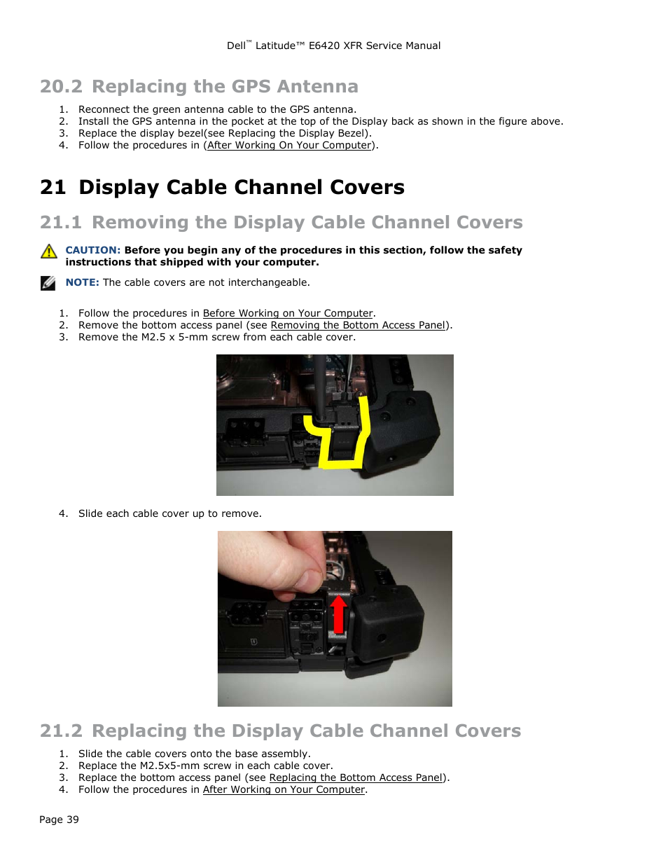 2 replacing the gps antenna, 21 display cable channel covers, 1 removing the display cable channel covers | 2 replacing the display cable channel covers, Eplacing the, Ntenna, Display cable channel covers, Emoving the, Isplay, Able | Dell Latitude E6420 XFR (Early 2011) User Manual | Page 39 / 81