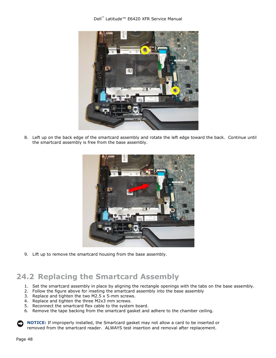 2 replacing the smartcard assembly, Eplacing the, Martcard | Ssembly | Dell Latitude E6420 XFR (Early 2011) User Manual | Page 48 / 81