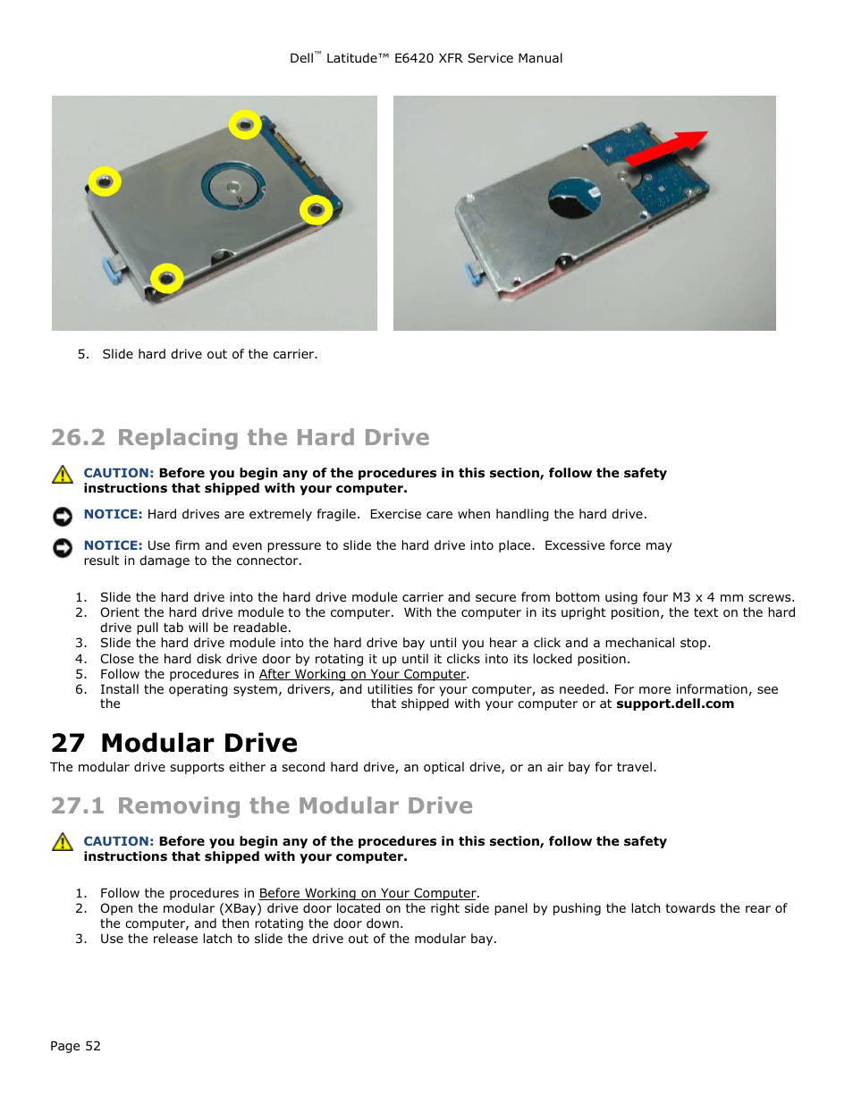 2 replacing the hard drive, 27 modular drive, 1 removing the modular drive | Eplacing the, Rive, Modular drive, Emoving the, Odular | Dell Latitude E6420 XFR (Early 2011) User Manual | Page 52 / 81