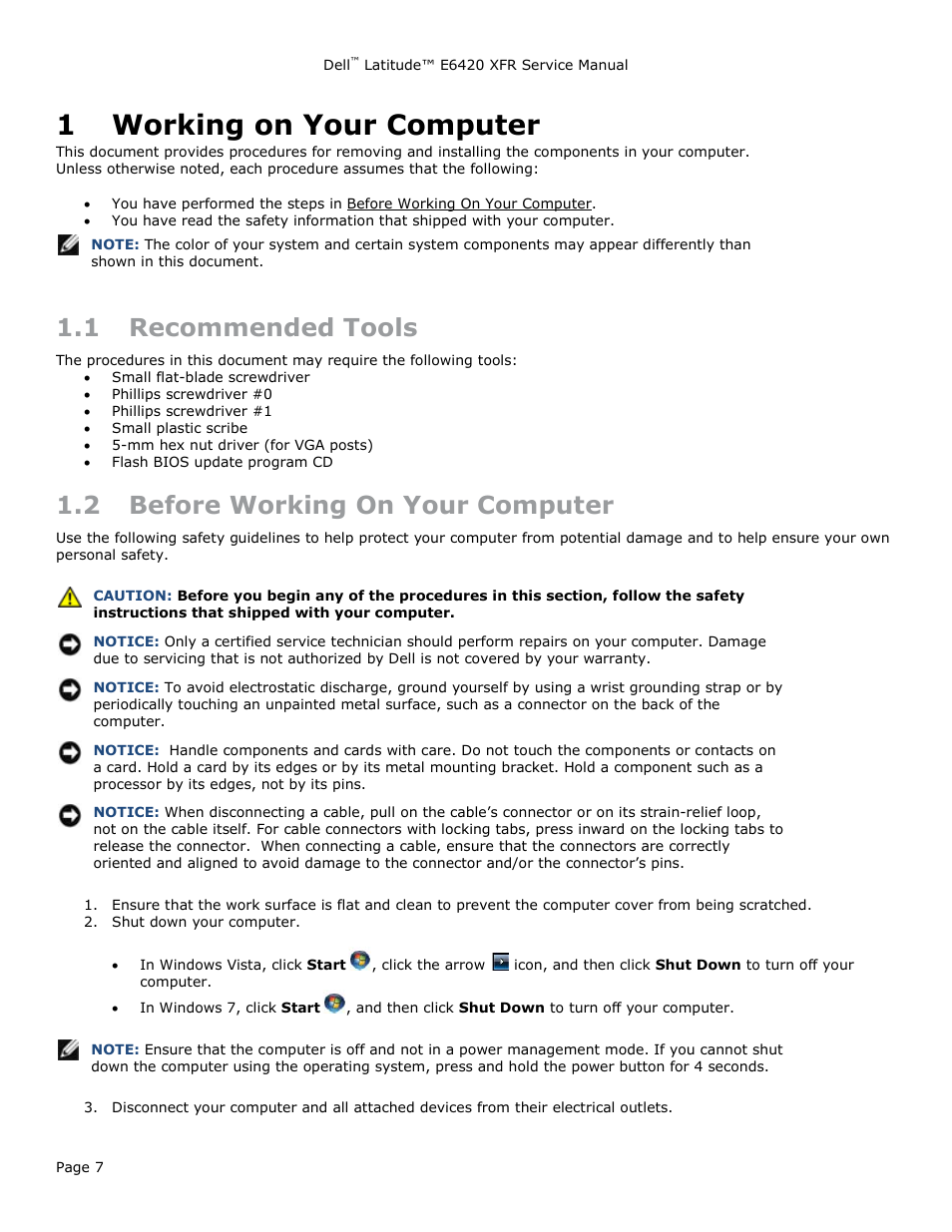 1 working on your computer, 1 recommended tools, 2 before working on your computer | Working on your computer, Ecommended, Ools, Efore, Orking, Omputer | Dell Latitude E6420 XFR (Early 2011) User Manual | Page 7 / 81