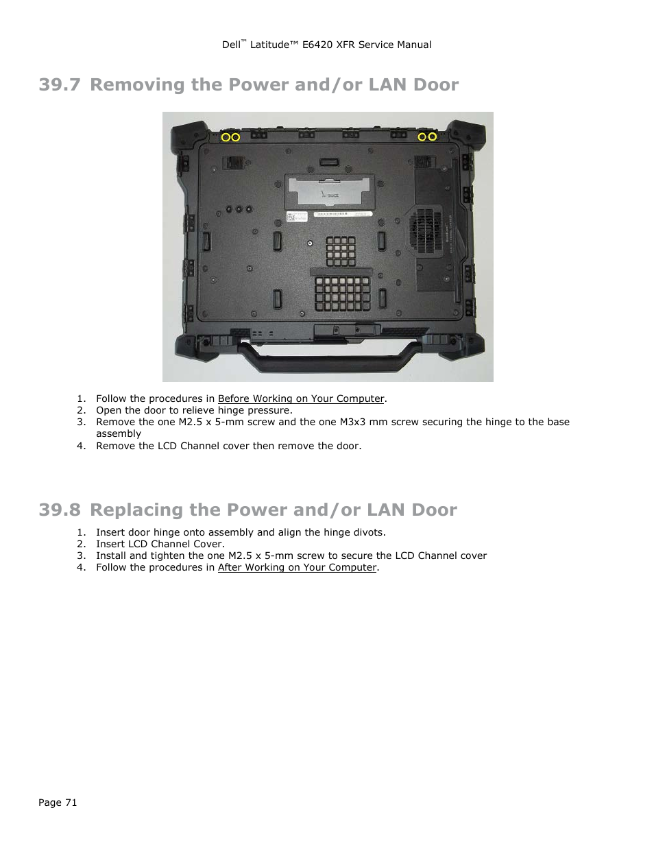 7 removing the power and/or lan door, 8 replacing the power and/or lan door, Emoving the | Ower and, Eplacing the | Dell Latitude E6420 XFR (Early 2011) User Manual | Page 71 / 81