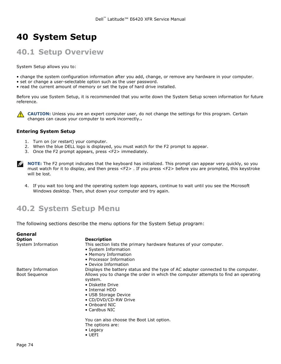 40 system setup, 1 setup overview, 2 system setup menu | System setup, Etup, Verview, Ystem | Dell Latitude E6420 XFR (Early 2011) User Manual | Page 74 / 81