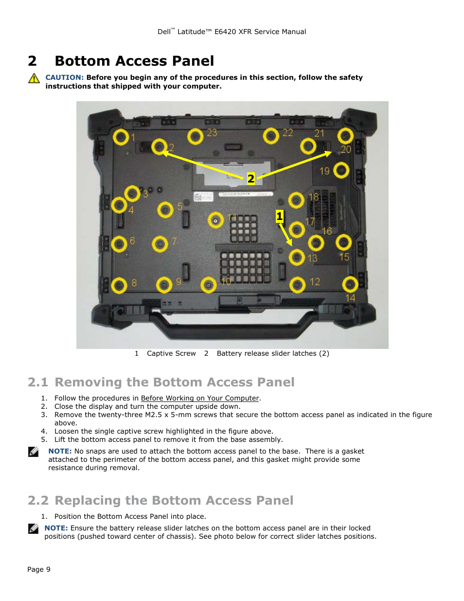 2 bottom access panel, 1 removing the bottom access panel, 2 replacing the bottom access panel | Bottom access panel, Emoving the, Ottom, Ccess, Anel, Eplacing the | Dell Latitude E6420 XFR (Early 2011) User Manual | Page 9 / 81