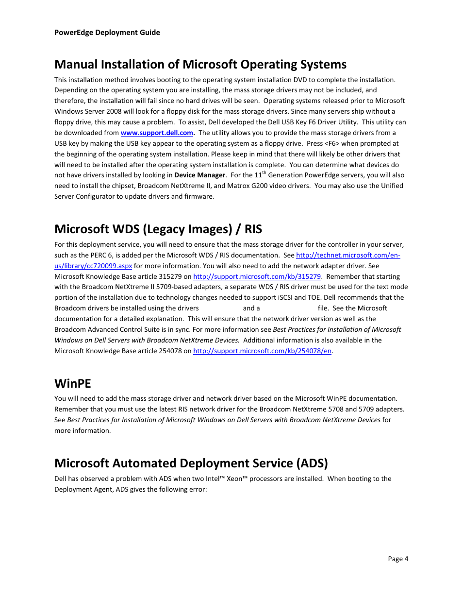 Manual installation of microsoft operating systems, Microsoft wds (legacy images) / ris, Winpe | Microsoft automated deployment service (ads) | Dell POWEREDGE R610 User Manual | Page 6 / 7