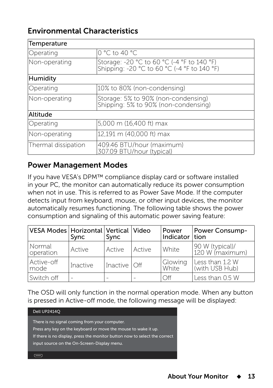 Environmental characteristics, Power management modes | Dell UP2414Q Monitor User Manual | Page 13 / 74