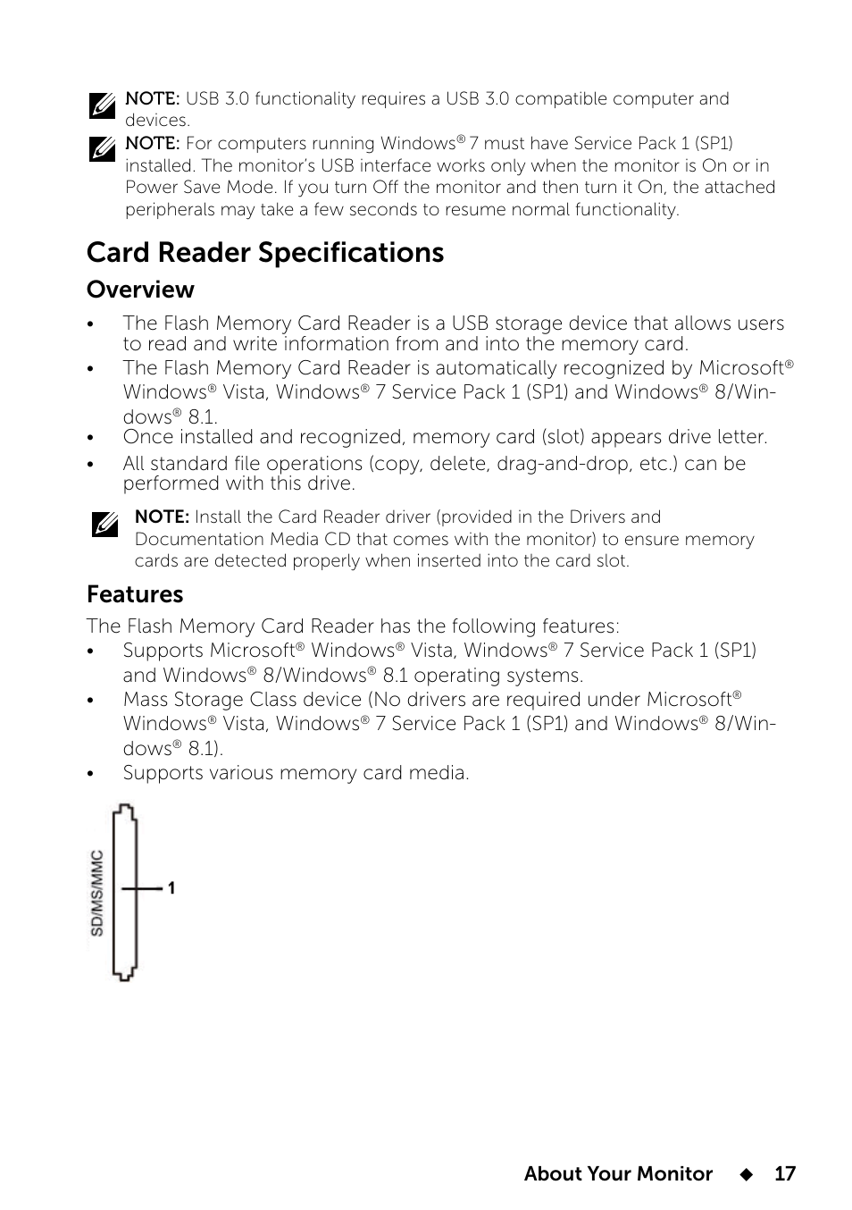Card reader specifications, Overview, Features | Dell UP2414Q Monitor User Manual | Page 17 / 74