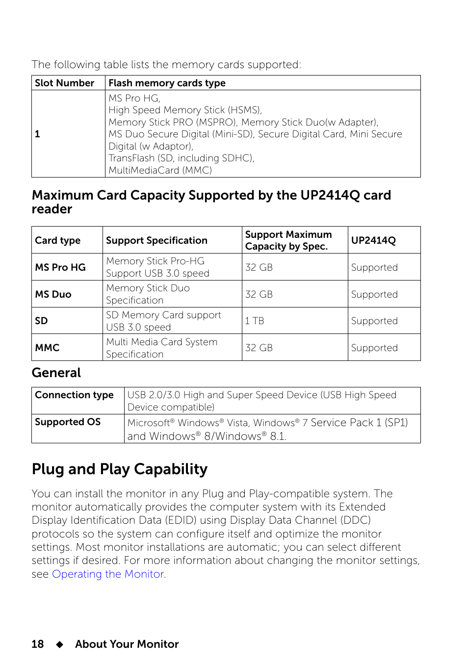 Plug and play capability, General | Dell UP2414Q Monitor User Manual | Page 18 / 74