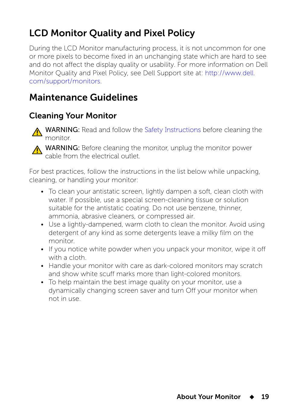 Lcd monitor quality and pixel policy, Maintenance guidelines, Cleaning your monitor | Dell UP2414Q Monitor User Manual | Page 19 / 74