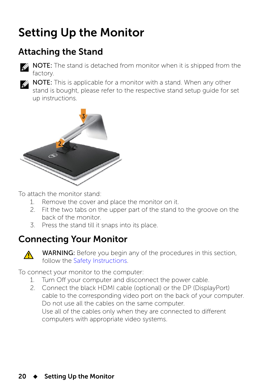 Setting up the monitor, Attaching the stand, Connecting your monitor | 2 setting up the monitor | Dell UP2414Q Monitor User Manual | Page 20 / 74