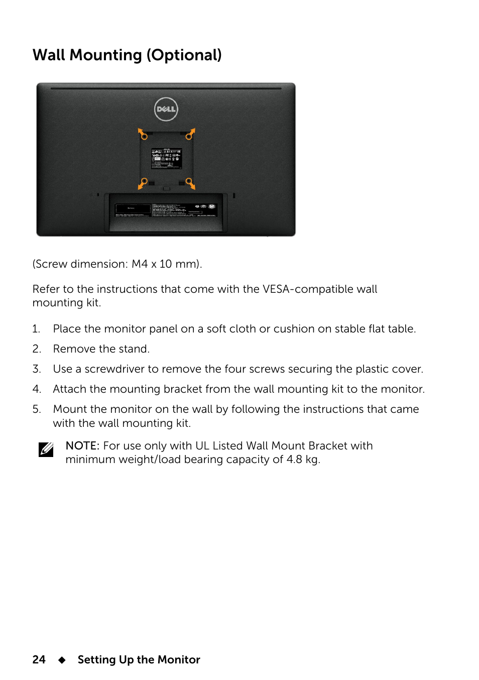 Wall mounting (optional) | Dell UP2414Q Monitor User Manual | Page 24 / 74