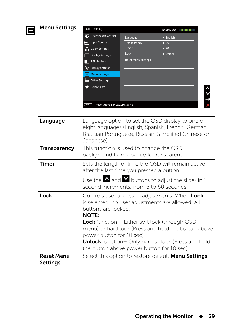 Operating the monitor, 39 menu settings | Dell UP2414Q Monitor User Manual | Page 39 / 74