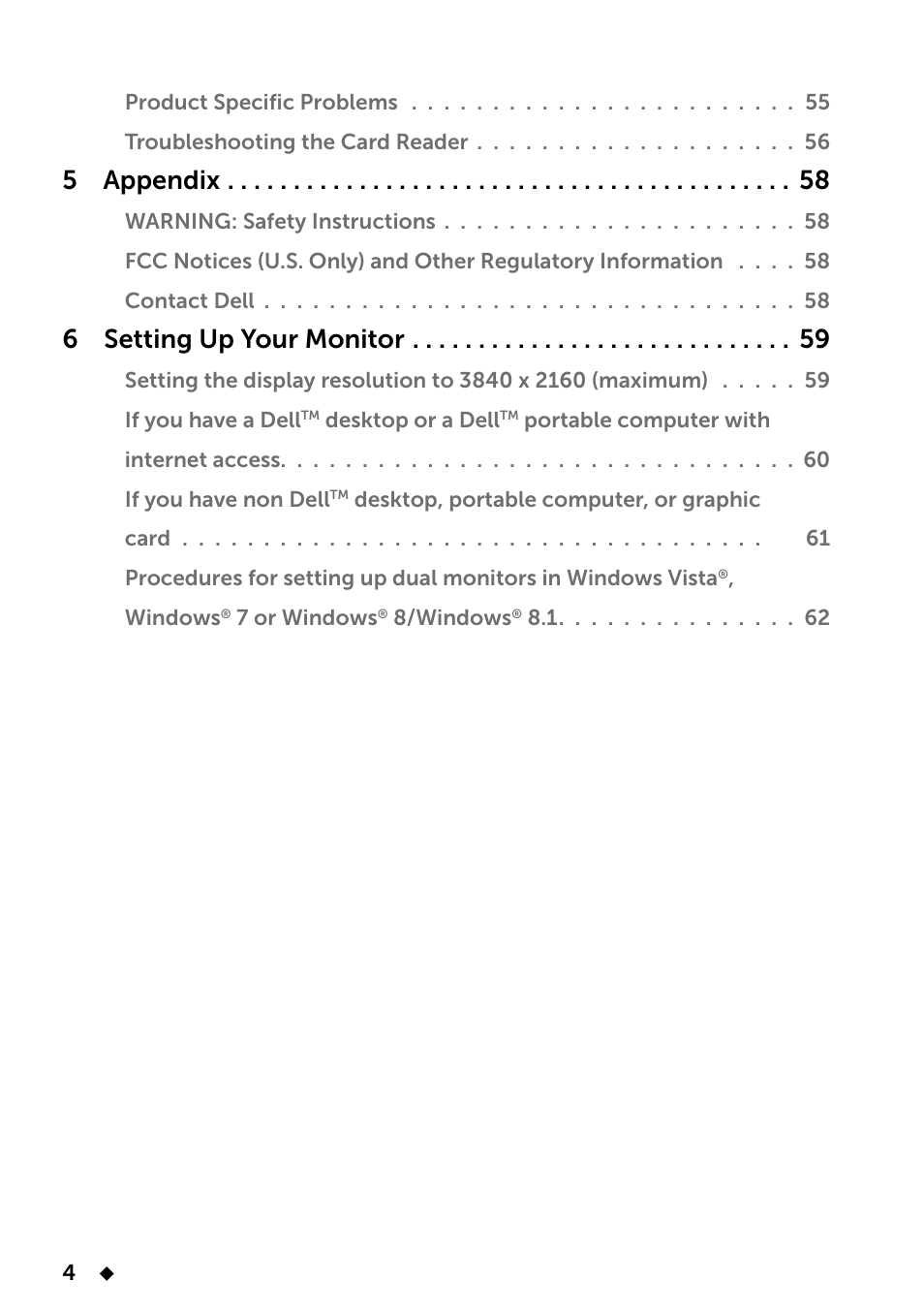 5 appendix, 6 setting up your monitor | Dell UP2414Q Monitor User Manual | Page 4 / 74