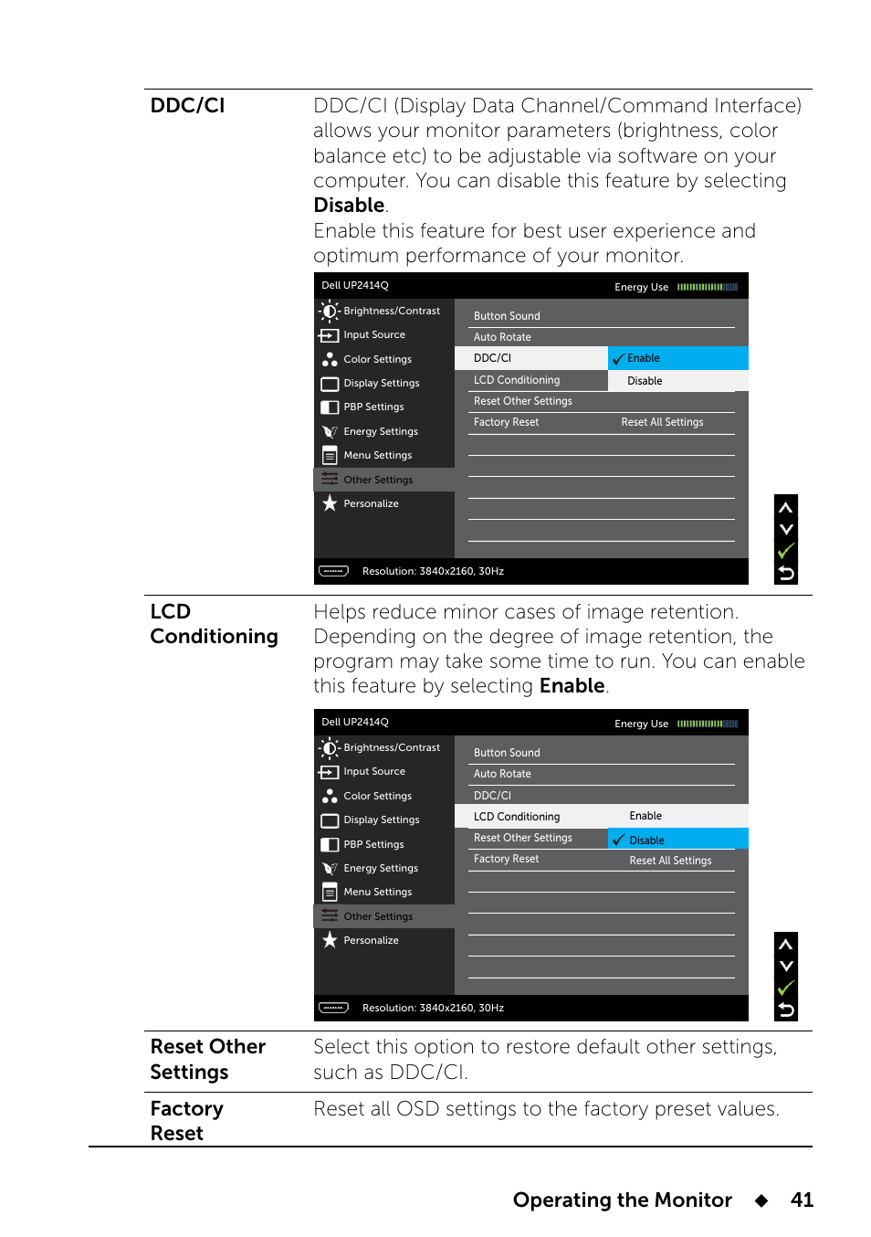 Operating the monitor | Dell UP2414Q Monitor User Manual | Page 41 / 74