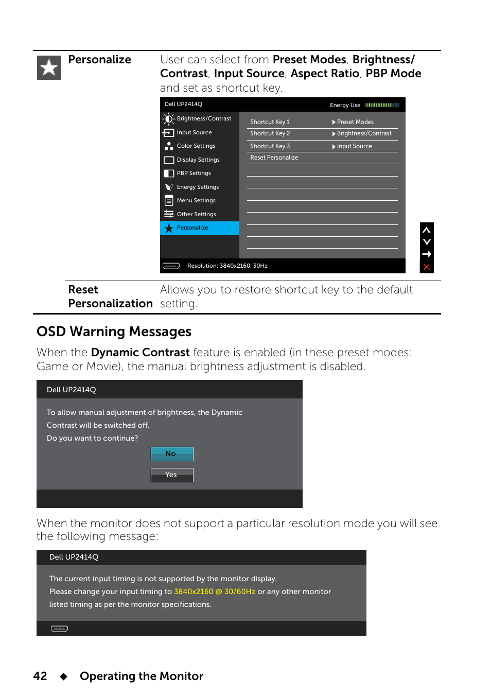 Osd warning messages | Dell UP2414Q Monitor User Manual | Page 42 / 74