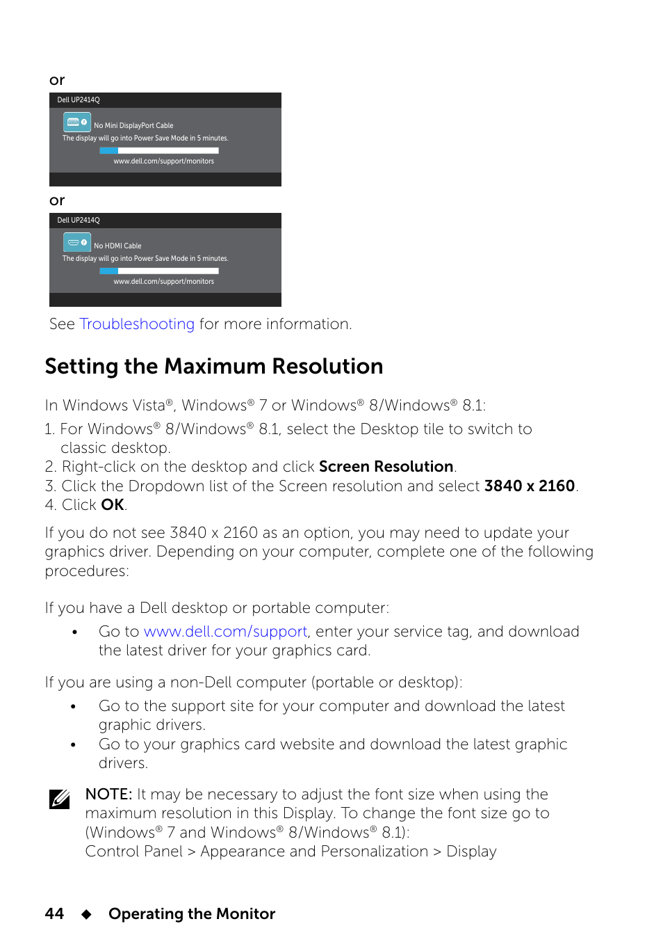 Setting the maximum resolution | Dell UP2414Q Monitor User Manual | Page 44 / 74