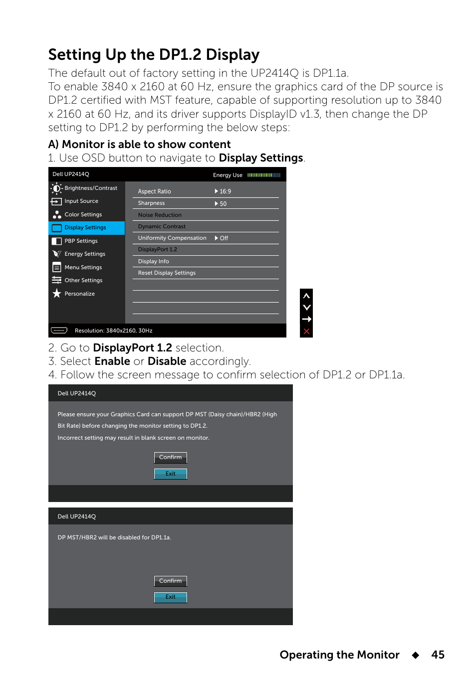 Setting the dp 1.2 display, Setting the dp1.2 display, Setting up the dp1.2 display | Operating the monitor | Dell UP2414Q Monitor User Manual | Page 45 / 74