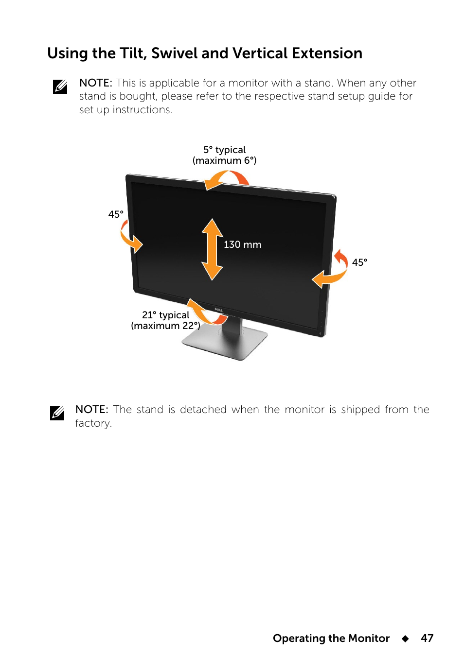Using the tilt, swivel and vertical extension | Dell UP2414Q Monitor User Manual | Page 47 / 74