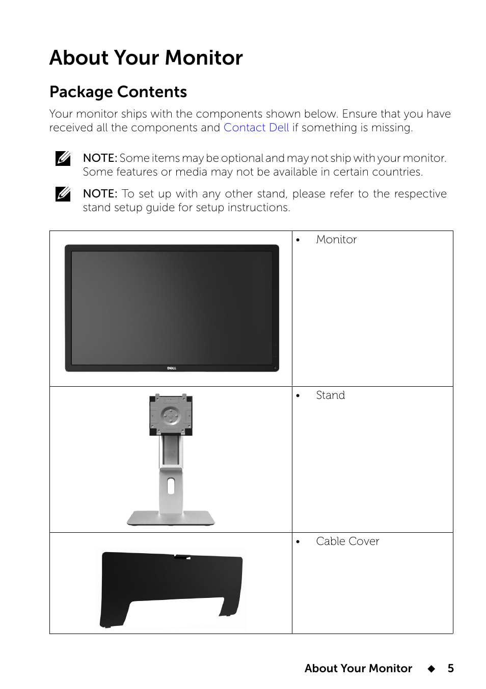 About your monitor, Package contents | Dell UP2414Q Monitor User Manual | Page 5 / 74