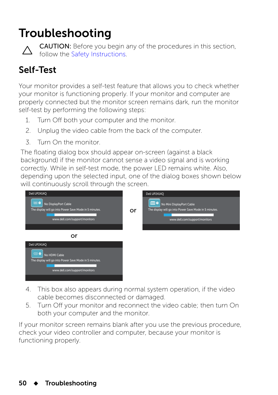 Troubleshooting, Self-test, 4 troubleshooting | Display an image, see | Dell UP2414Q Monitor User Manual | Page 50 / 74
