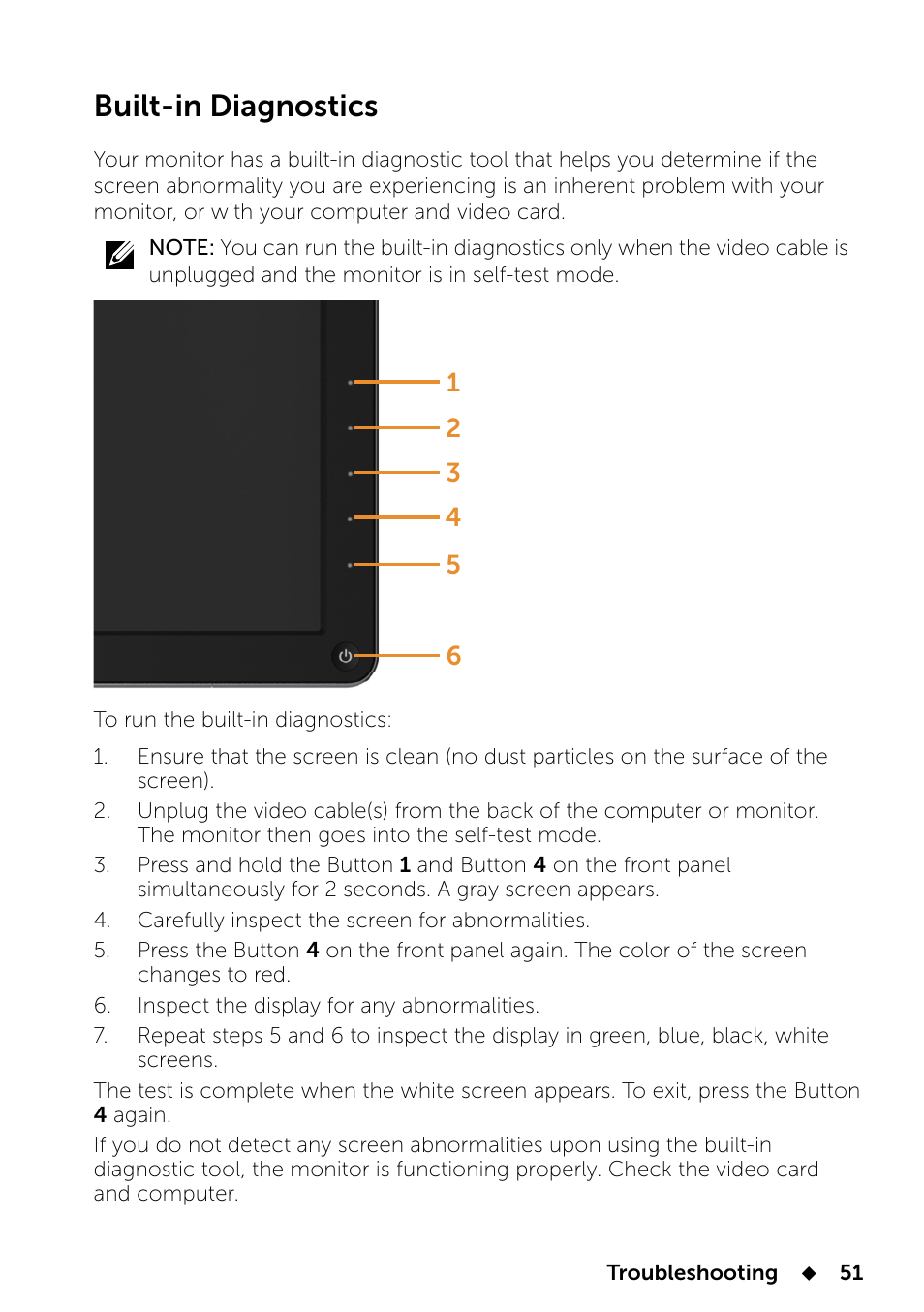 Built-in diagnostics | Dell UP2414Q Monitor User Manual | Page 51 / 74