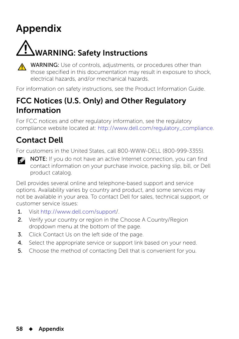 Appendix, Warning: safety instructions, Contact dell | 5 appendix | Dell UP2414Q Monitor User Manual | Page 58 / 74