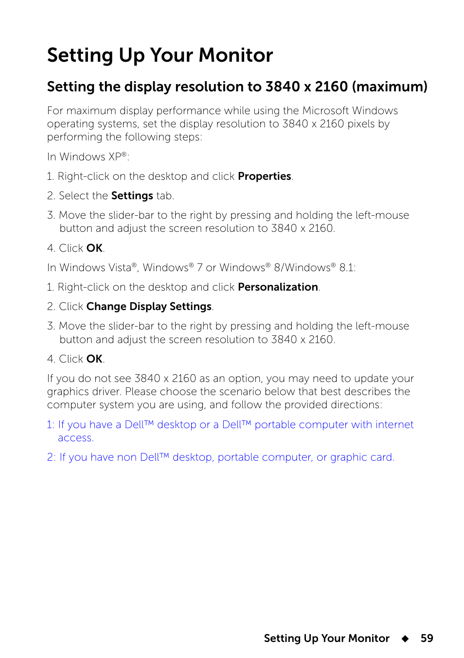 Setting up your monitor, 6 setting up your monitor | Dell UP2414Q Monitor User Manual | Page 59 / 74