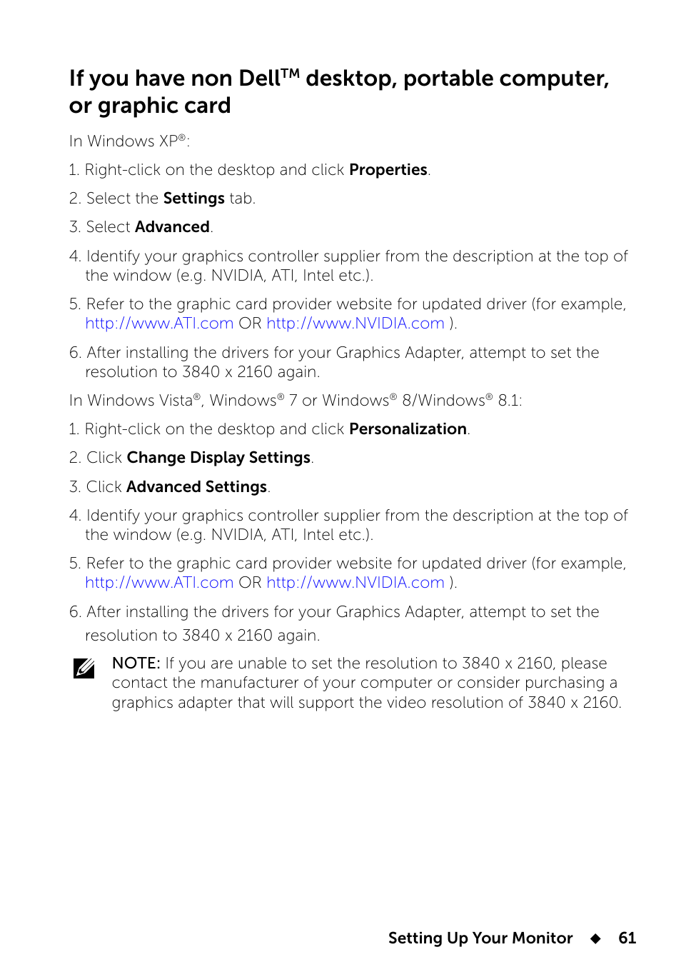 If you have non dell, Desktop, portable computer, or graphic, Card | Desktop, portable computer, or graphic card | Dell UP2414Q Monitor User Manual | Page 61 / 74