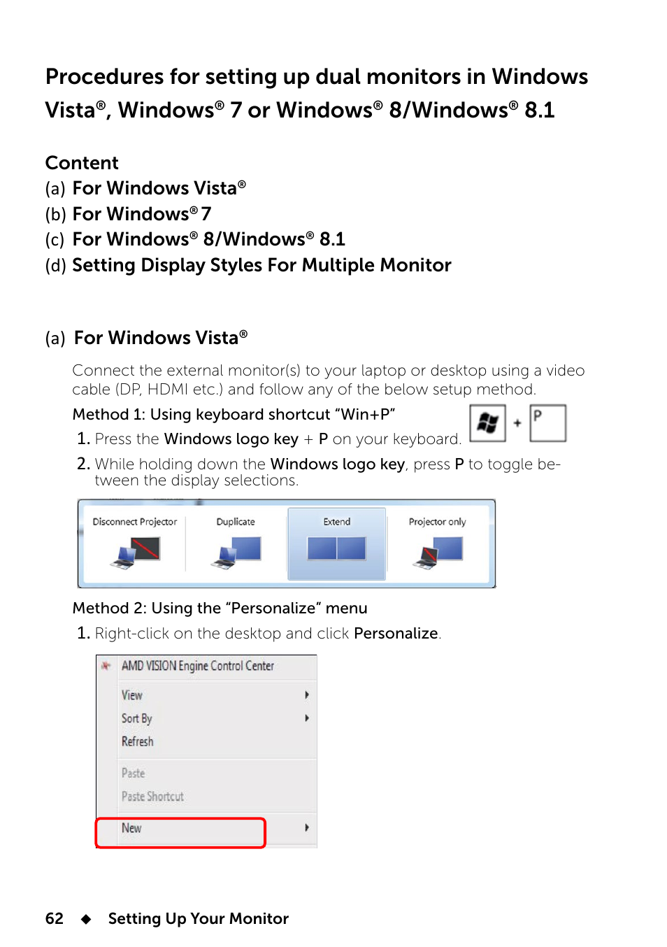 Windows, 7 or windows, 8/windows | Content (a) for windows vista, B) for windows, 7(c) for windows | Dell UP2414Q Monitor User Manual | Page 62 / 74