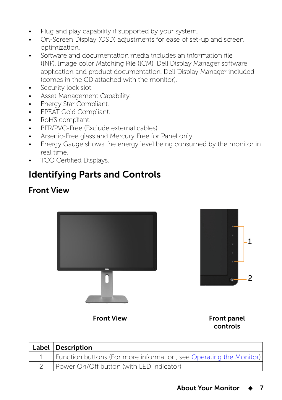 Identifying parts and controls, Front view | Dell UP2414Q Monitor User Manual | Page 7 / 74