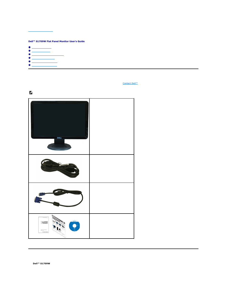 About your monitor, Package contents, Product features | Dell S1709WFP Monitor User Manual | Page 2 / 27