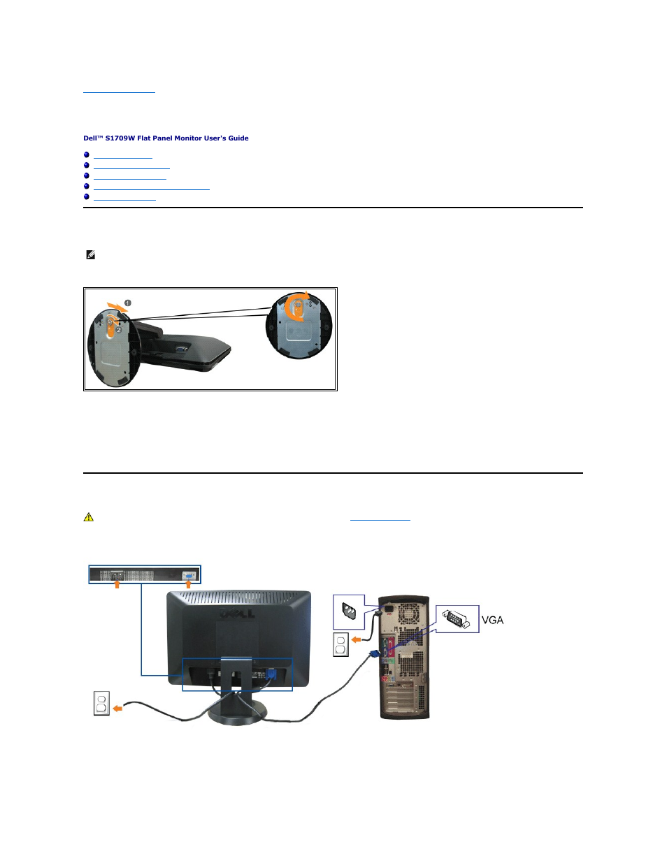 Setting up the monitor, Attaching the base, Connecting your monitor | Dell S1709WFP Monitor User Manual | Page 22 / 27
