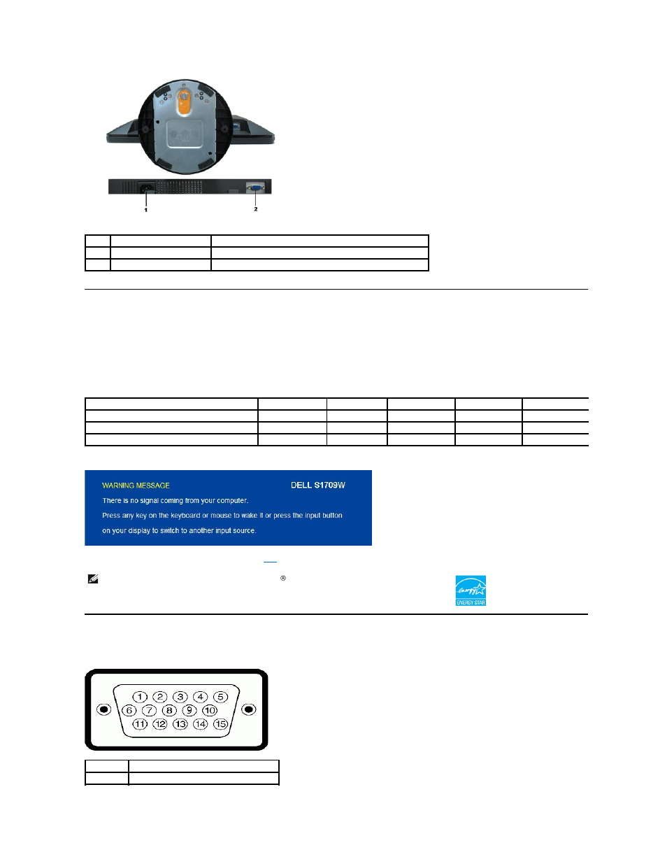 Monitor specifications, Power management modes, Pin assignments | Dell S1709WFP Monitor User Manual | Page 5 / 27