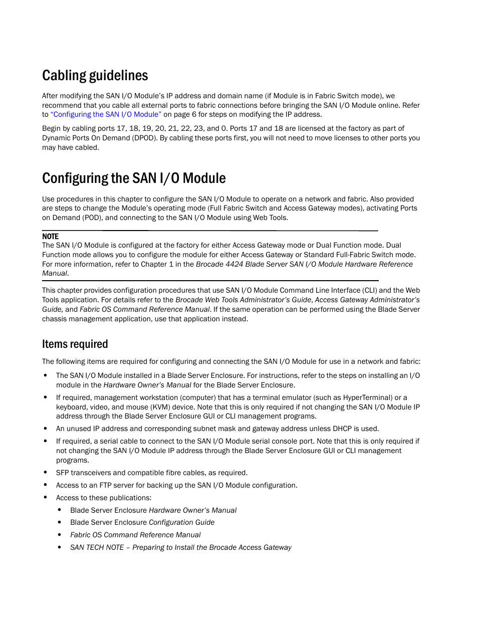 Cabling guidelines, Configuring the san i/o module, Items required | Dell POWEREDGE M1000E User Manual | Page 4 / 14