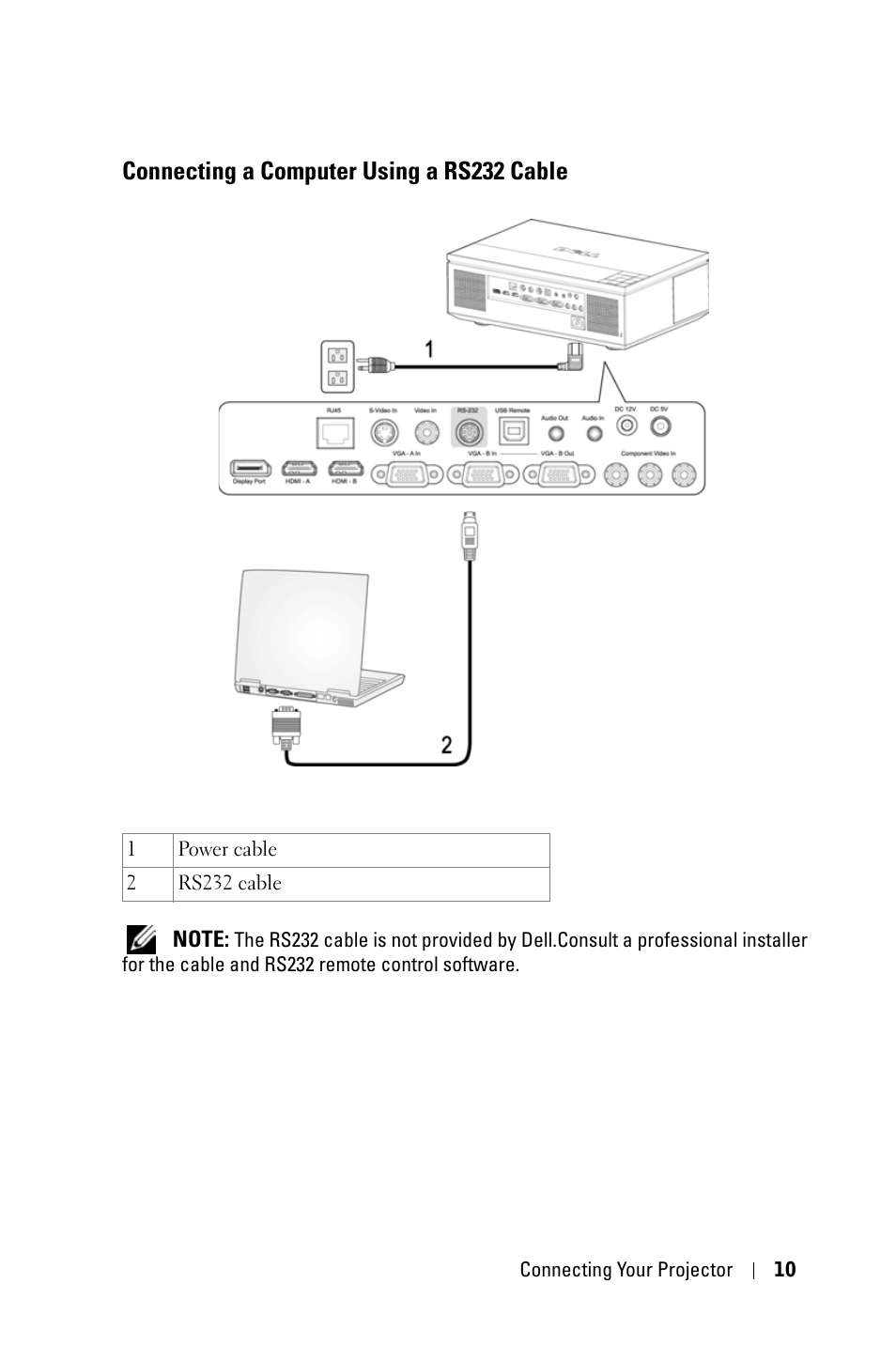 Connecting a computer using a rs232 cable | Dell 7609WU Projector User Manual | Page 10 / 62