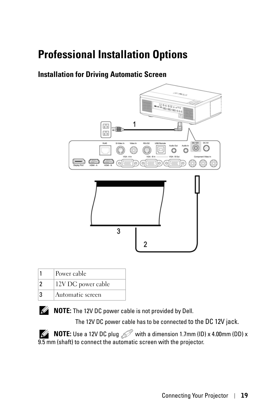 Professional installation options, Installation for driving automatic screen | Dell 7609WU Projector User Manual | Page 19 / 62