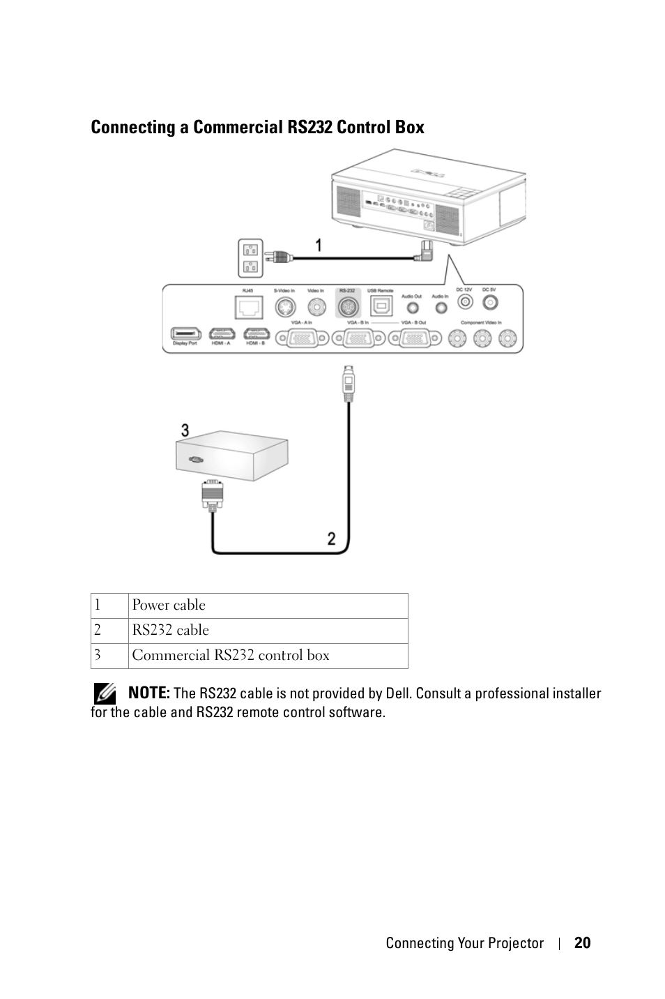 Connecting a commercial rs232 control box | Dell 7609WU Projector User Manual | Page 20 / 62
