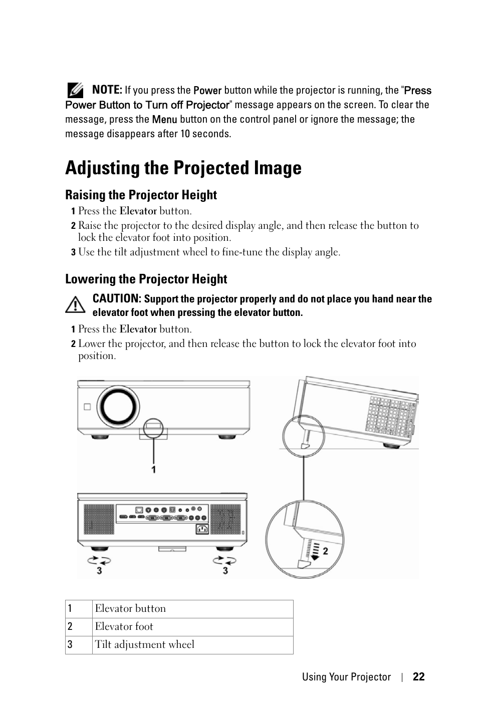 Adjusting the projected image, Raising the projector height, Lowering the projector height | Dell 7609WU Projector User Manual | Page 22 / 62