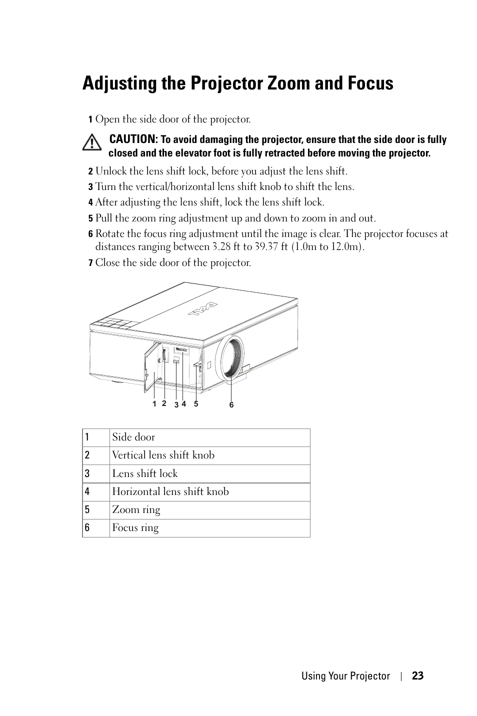 Adjusting the projector zoom and focus | Dell 7609WU Projector User Manual | Page 23 / 62