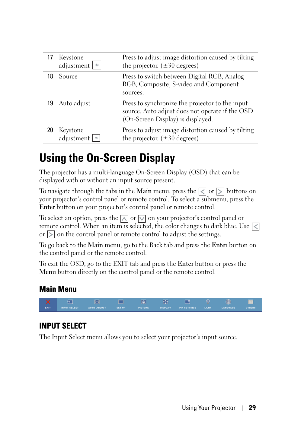 Using the on-screen display, Main menu, Input select | Main menu input select | Dell 7609WU Projector User Manual | Page 29 / 62