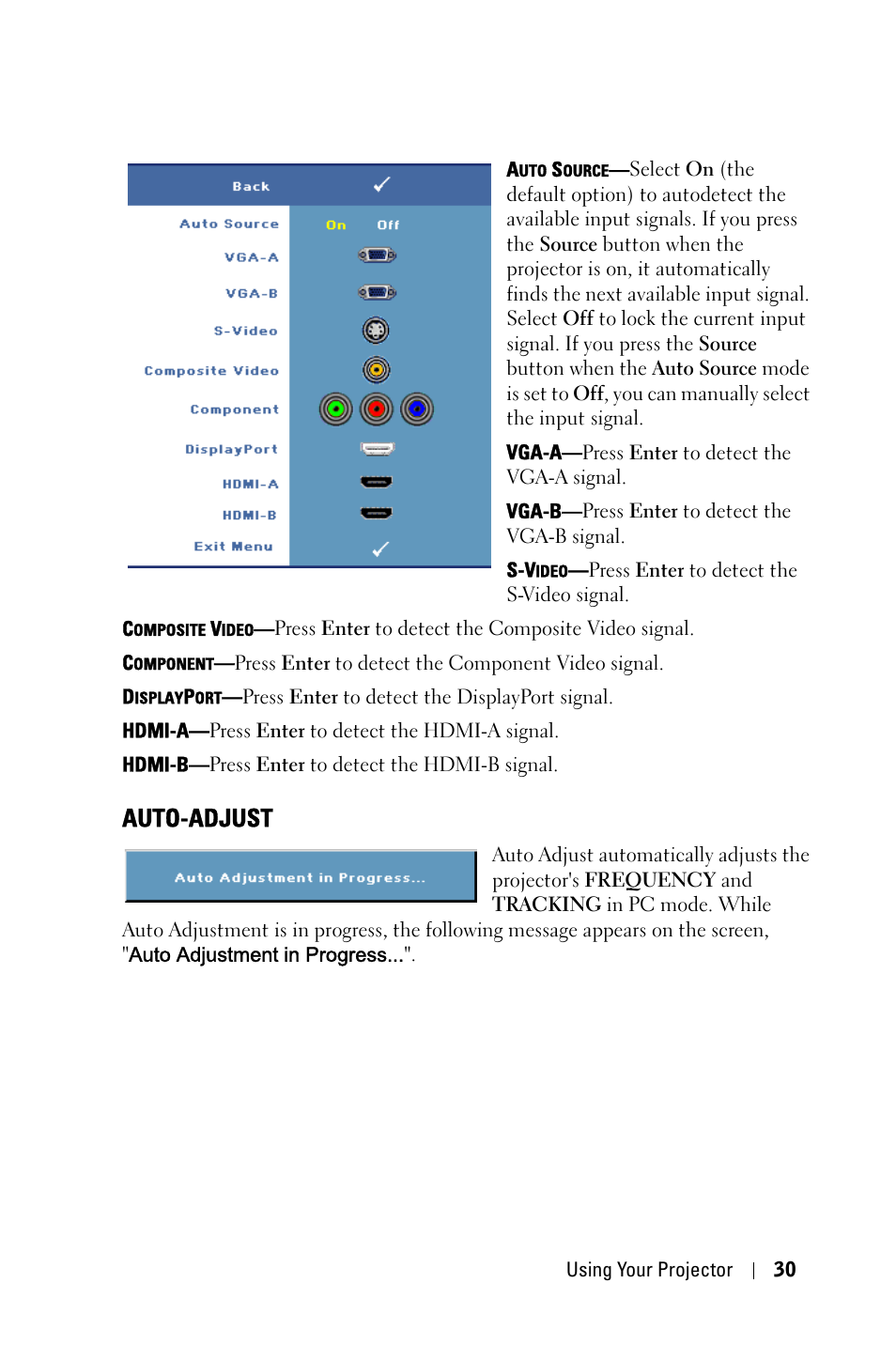 Auto-adjust | Dell 7609WU Projector User Manual | Page 30 / 62