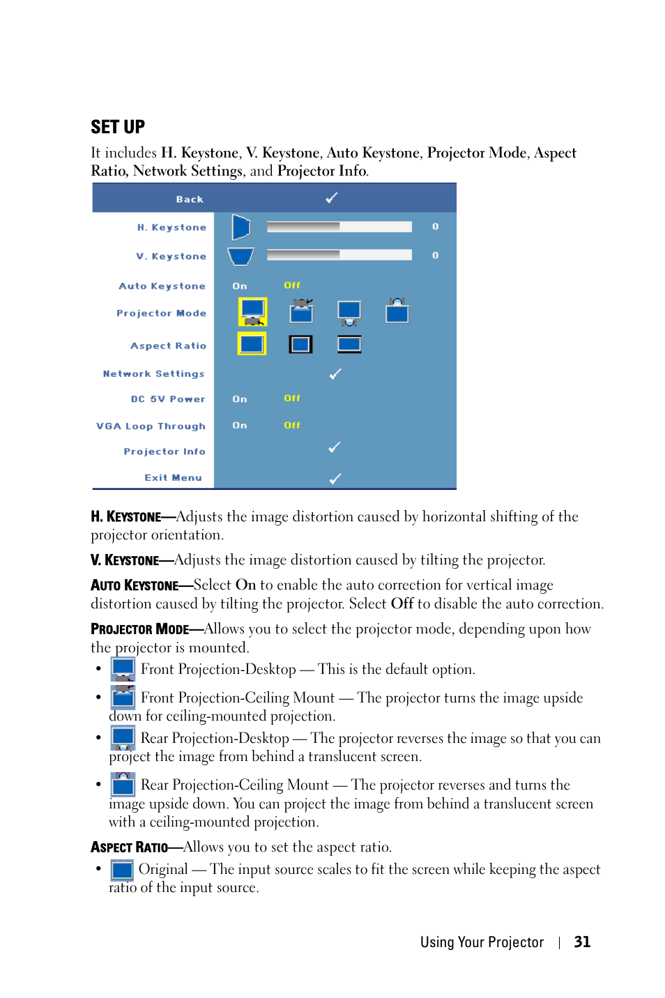 Set up | Dell 7609WU Projector User Manual | Page 31 / 62