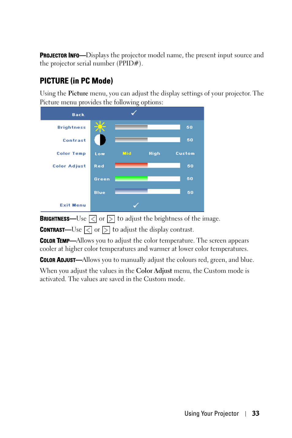 Picture (in pc mode) | Dell 7609WU Projector User Manual | Page 33 / 62
